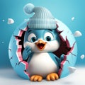 Cute penguin with hat coming out of hole crack in Christmas Winter scene background