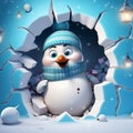 Cute penguin with hat and scarf coming out of hole crack in Christmas Winter scene background