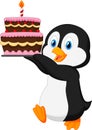 Cute penguin holding birthday cake