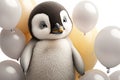 A cute penguin holds a white and golden balloon in its paw on a light background.