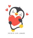 Cute penguin hug red heart cartoon drawing, Kawaii Valentine animal character illustration, playful hand drawn festive love