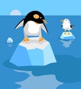 Cute penguin among the ice, icebergs in cartoon style. Character for postcards, books for children, scene for a poster