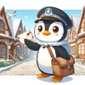 A cute penguin mail carrier, sending the mail at a village, wearing the cute uniform, on white background, cartoon, anime art