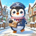 A cute penguin mail carrier in a village street, wearing the cute uniform, cartoon style, digital anime art, animal design