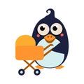 Penguin Mom and Baby in Stroller. Vector Illustration Royalty Free Stock Photo