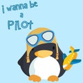 Cute penguin pilot costume with plane cartoon vector illustration