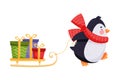 Cute Penguin Pulling Sledge with Gift Boxes Vector Illustration