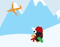 Cute Penguin with Red beanie and scarf and green suitcase looking at an airplane