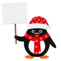 Cute penguin in red hat with blank banner isolated on white background