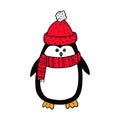 Cute penguin in a red hat and scarf. Color vector illustration. Hand-drawn in doodle style isolated on a white background Royalty Free Stock Photo