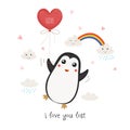 Cute penguin with red heart balloon