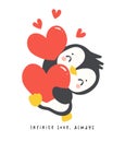 Cute penguin with red heart cartoon drawing, Kawaii Valentine animal character illustration, playful hand drawn festive love