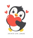 Cute penguin with red heart cartoon drawing, Kawaii Valentine animal character illustration, playful hand drawn festive love