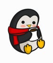 Cute penguin with red scarf and cup of hot drink. Vector illustration. Image of Christmas penguin isolated on white