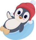 Cute penguin riding a round sled, winter sledding in the snow, character illustration