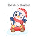 Cute Penguin Riding Sled Christmas, Fun Watercolor Cartoon