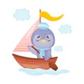 Cute penguin is sailing on a sailboat. Vector illustration on white background.