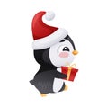 Cute penguin in Santa hat carrying gift box. Adorable funny baby bird cartoon character. New year and Christmas design Royalty Free Stock Photo