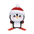 Cute penguin in Santa hat skiing. Adorable funny baby bird cartoon character. New year and Christmas design vector Royalty Free Stock Photo