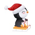 Cute penguin in Santa hat sledding. Adorable funny baby bird cartoon character. New year and Christmas design vector Royalty Free Stock Photo