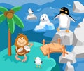 Cute penguin, seal and seagulls among the ice, icebergs in cartoon style. Monkey with coconut near palm tree. Characters