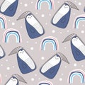 Cute penguin seamless pattern with nordic winter theme. Vector animal wearing hat on christmas with rainbow pastel colors Royalty Free Stock Photo