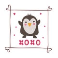 Cute penguin in simple frame with hand drawn lettering XOXO. Doodle kawaii style illustration. Royalty Free Stock Photo