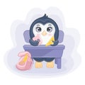 Cute penguin sits at a desk, goes to school. Schoolboy cartoon character with backpack, textbook and ruler.