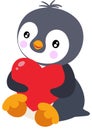 Cute penguin sitting holding a red heart