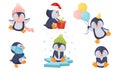 Cute Penguin Sitting on Ice Plate and Carrying Fish Vector Set Royalty Free Stock Photo