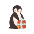 Cute penguin sitting with wrapped gift box vector flat illustration. Funny baby polar bird holding present with bow Royalty Free Stock Photo