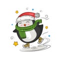 Cute penguin skates in Santa hat. Christmas character for your decoration, and winter projects.