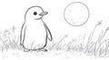 Cute Baby Penguin Standing in Grass Under a Full Moon, Line Drawing Royalty Free Stock Photo