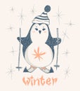 Cute penguin skiing. Vector print design for kid t-shirts,dress or greeting cards.