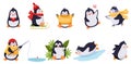 Cute Penguin Sledging, Fishing and Figure Skating Vector Illustration Set