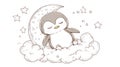 Cute Penguin Sleeping on Moon Crescent and Clouds with Stars Royalty Free Stock Photo