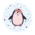 Cute Penguin in sleeping mask. Animal on the starry fantatic sky. Vector good nignt and sweet dreams concept, isolated Royalty Free Stock Photo