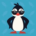 Cute penguin standing in cool pose. Vector illustration of arctic bird in sunglasses shows awesome emotion. Emoji
