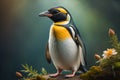 Cute penguin standing in front of solid color background. ai generative Royalty Free Stock Photo
