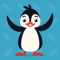 Cute penguin standing with raised wings. Vector illustration of arctic bird shows happy emotion. Smile emoji. Smiley