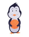 Cute penguin stands with basketball. Funny draw character in cartoon style. Adorable wild animal