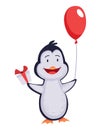Cute penguin stands with giftbox and balloon. Funny draw character in cartoon style. Adorable wild animal
