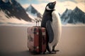 Cute penguin with a suitcase in the desert. 3d rendering