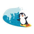 Cute penguin surfing big wave cartoon Royalty Free Stock Photo