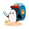 Cute Penguin traveler go hiking with backpack and compass, cartoon vector character