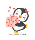 Cute penguin Valentine delivery love gift box cartoon drawing, Kawaii animal character illustration