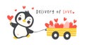 Cute penguin Valentine delivery love hearts cartoon drawing, Kawaii animal character illustration