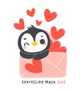 Cute penguin Valentine delivery love mail cartoon drawing, Kawaii animal character illustration