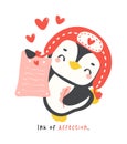 Cute penguin Valentine with love mail cartoon drawing, Kawaii animal character illustration