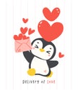 Cute penguin Valentine with love mail cartoon drawing, Kawaii animal character illustration